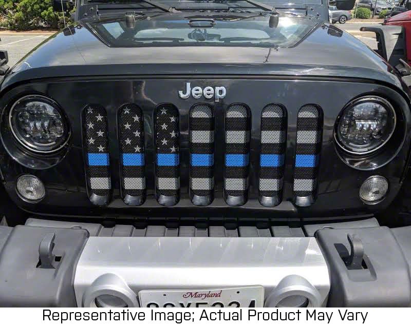Jeep Wrangler Grille Insert; Police Blue Line on a Black and White Flag  (18-23 Jeep Wrangler JL) Free Shipping