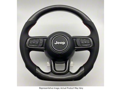 Carbon Fiber and Black Leather Steering Wheel with Trim, Red Stitching and Red Stripe (18-24 Jeep Wrangler JL)