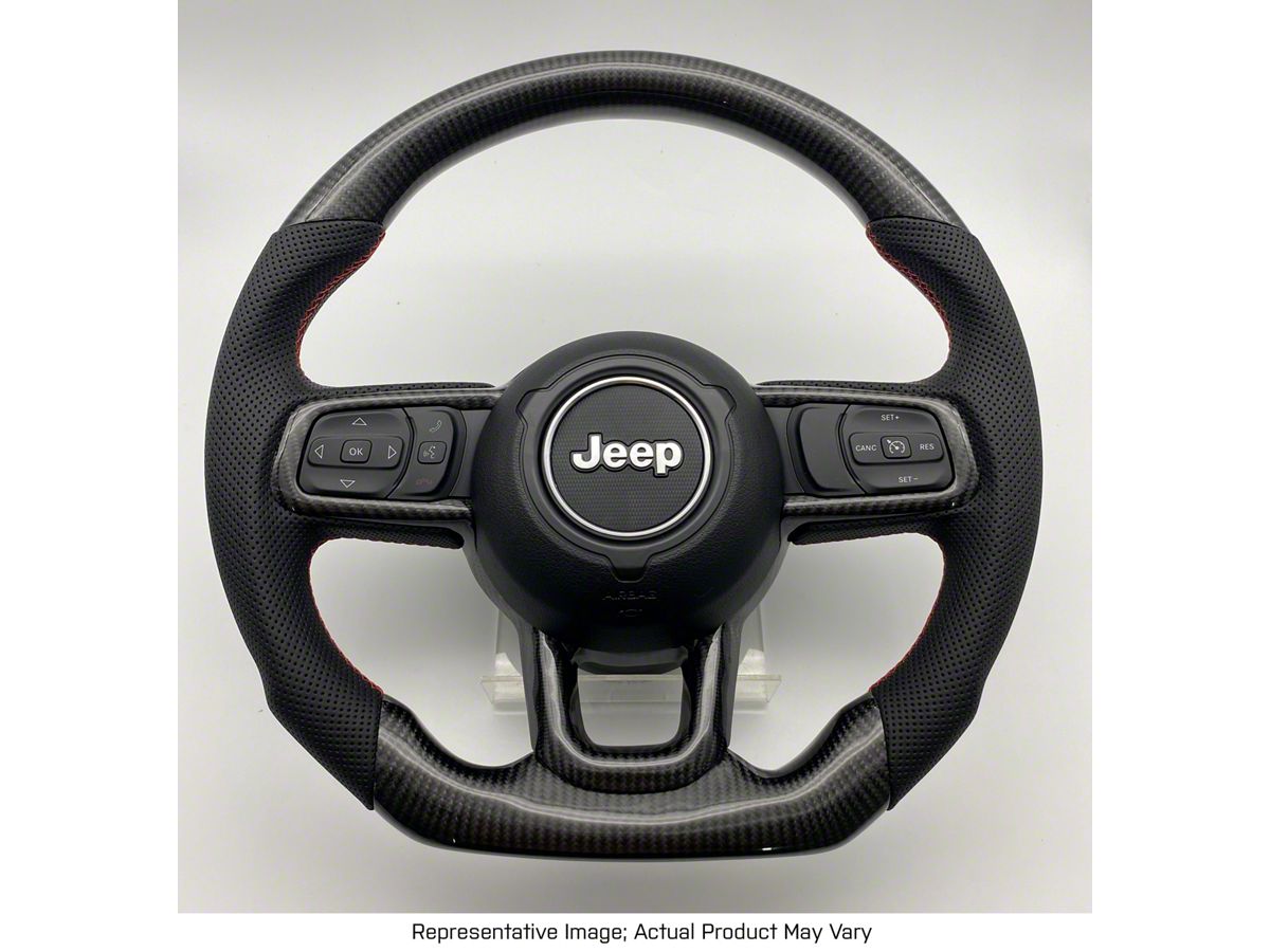 Jeep Wrangler Blue Carbon Fiber and Black Leather Steering Wheel with Trim,  Blue Stitching and Black Stripe (18-23 Jeep Wrangler JL) - Free Shipping