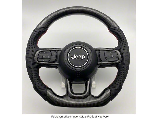 Carbon Fiber and Black Leather Steering Wheel with Trim, Blue Stitching and Blue Stripe (18-24 Jeep Wrangler JL)