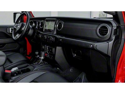 Mopar Passenger Side Dashboard Panel Trim; Black Leather with Red Stitching (18-23 Jeep Wrangler JL)