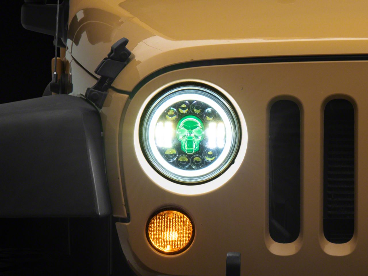 AngryBird Style LED Green Headlights For 1997-2006 Jeep TJ Wrangler - DRL, High/Low Beam, Cree LEDs