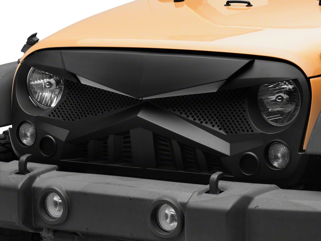 thumbnail interactive-video image 1 of Glossy Black Hawke Style Grille For 2007-2018 Jeep Wrangler JK JKU Front Bumper 1 of 5