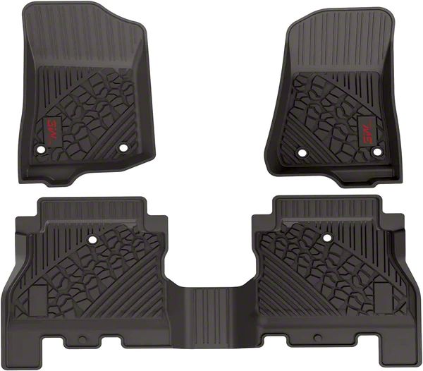 3W All Weather Front and Rear Floor Liners with Red Logo; Black (18-23 Jeep Wrangler JL 4-Door, Excluding 4xe)