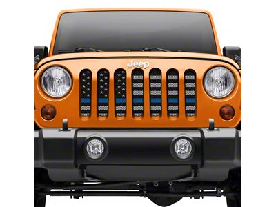 Grille Insert; Black and Gray American Flag with Blue Line (18-24 Jeep Wrangler JL w/ TrailCam)