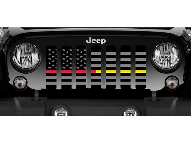 Grille Insert; Black and Gray American Flag with Red/Gold Line (18-24 Jeep Wrangler JL w/ TrailCam)