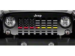 Grille Insert; Black and Gray American Flag with Red/Gold Line (18-23 Jeep Wrangler JL w/ TrailCam)