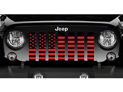 Grille Insert; Black and Red American Flag with High Gloss Black Stripes on a Matte Red Background (18-23 Jeep Wrangler JL w/ TrailCam)