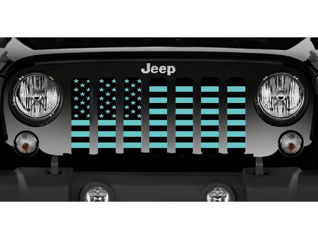 Grille Insert; Black and Teal American Flag with High Gloss Black Stripes on a Matte Teal Background (18-24 Jeep Wrangler JL w/o TrailCam)