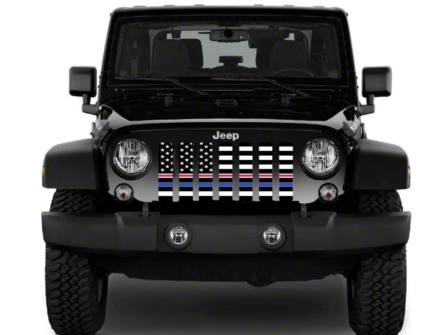 Grille Insert; Black and White American Flag with Blue/Red/White Line (18-24 Jeep Wrangler JL w/ TrailCam)