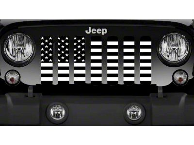 Grille Insert; Black and White American Flag with High Gloss Black Stripes on a Matte White Background (18-24 Jeep Wrangler JL w/ TrailCam)