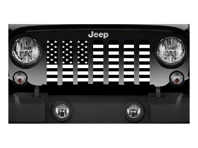 Grille Insert; Black and White American Flag with High Gloss Black Stripes on a Matte White Background (18-24 Jeep Wrangler JL w/o TrailCam)
