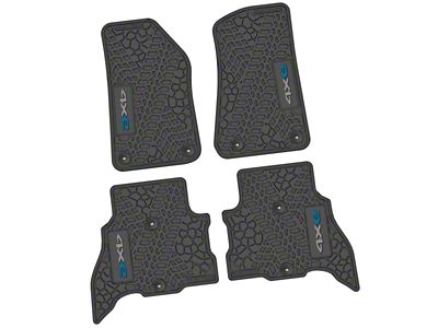 FLEXTREAD Factory Floorpan Fit Tire Tread/Scorched Earth Scene Front and Rear Floor Mats with 4xe Insert; Black/Silver/Dark Blue (21-23 Jeep Wrangler JL 4xe)