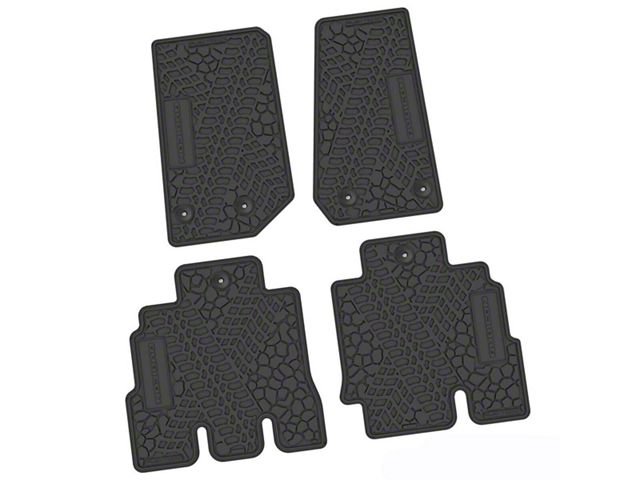FLEXTREAD Factory Floorpan Fit Tire Tread/Scorched Earth Scene Front and Rear Floor Mats with Rubicon Insert; Black (14-18 Jeep Wrangler JK 4-Door)