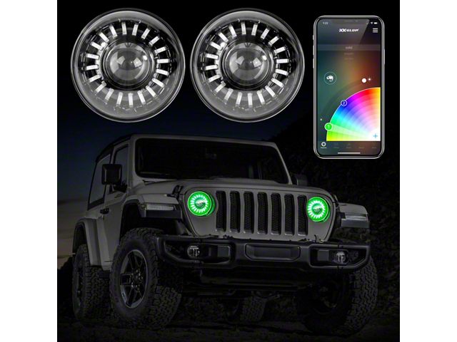 XK Glow 7-Inch RGB LED Headlights with Dual-Mode Dash Mount Controller; Black Housing; Clear Lens (18-24 Jeep Wrangler JL)