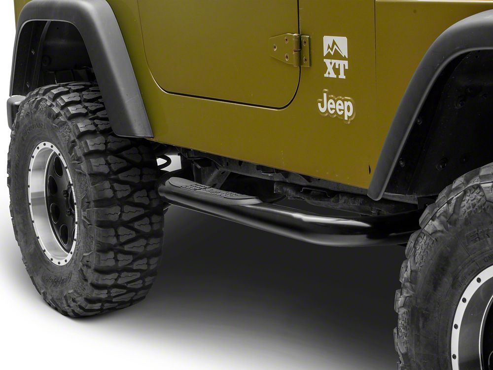 Jeep Licensed by RedRock 3-Inch Round Side Step Bars with Jeep Logo;  Semi-Gloss Black (87-06 Jeep Wrangler YJ & TJ, Excluding Unlimited)