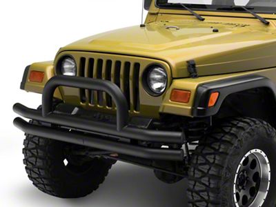 Officially Licensed Jeep Double Tubular Front Bumper with Classic Over-Rider Hoop and Jeep Logo; Textured Black (87-06 Jeep Wrangler YJ & TJ)
