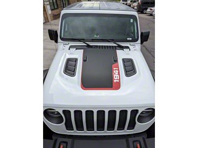 Hood Stripe with 1941 Logo; Matte Black with Red (18-24 Jeep Wrangler JL Rubicon)