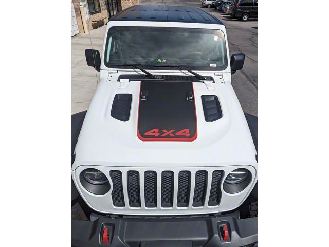 Hood Stripe with 4x4 Logo; Matte Black with Red Pinstripe (18-24 Jeep Wrangler JL Rubicon)
