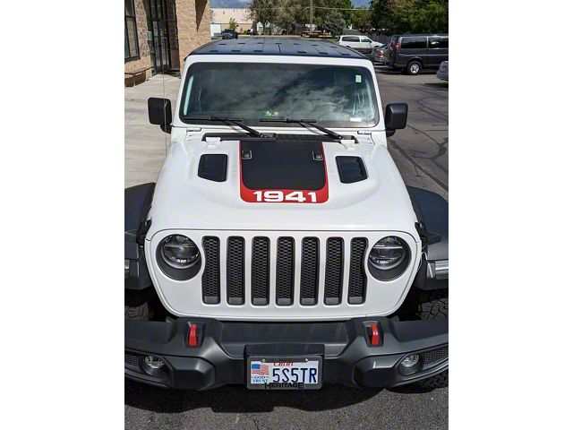 V3 Hood Stripe with 1941 Logo; Matte Black with Red (20-24 Jeep Gladiator JT Launch Edition, Rubicon)