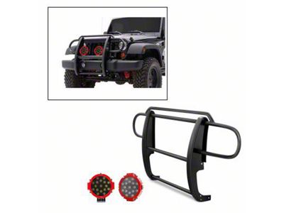 Grille Guard with 7-Inch Red Round LED Lights; Black (07-18 Jeep Wrangler JK)