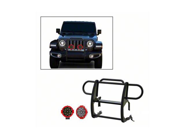 Grille Guard with 7-Inch Red Round LED Lights; Black (18-24 Jeep Wrangler JL)