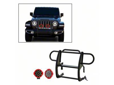 Grille Guard with 7-Inch Red Round LED Lights; Black (18-24 Jeep Wrangler JL)