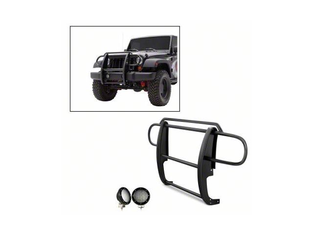 Modular Grille Guard with 5.30-Inch Black Round Flood LED Lights; Black (07-18 Jeep Wrangler JK)