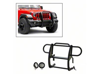 Modular Grille Guard with 5.30-Inch Black Round Flood LED Lights; Black (20-24 Jeep Gladiator JT, Excluding Mojave)