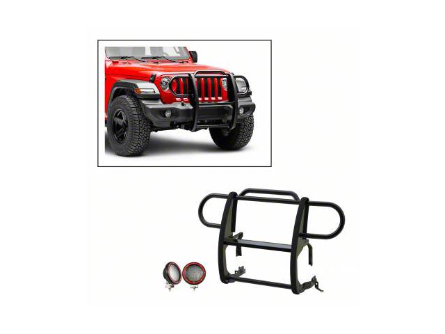 Modular Grille Guard with 5.30-Inch Red Round Flood LED Lights; Black (18-24 Jeep Wrangler JL, Excluding 4xe)