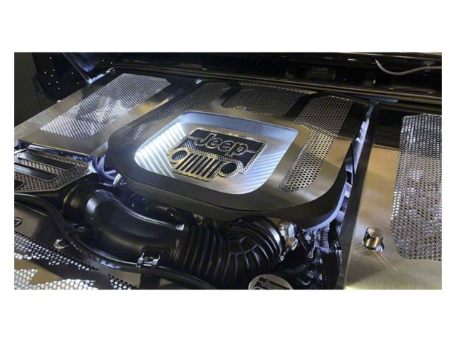 Perforated Engine Shroud with Jeep Logo; Brushed; Black Carbon Fiber; White LED (12-18 3.6L Jeep Wrangler JK)