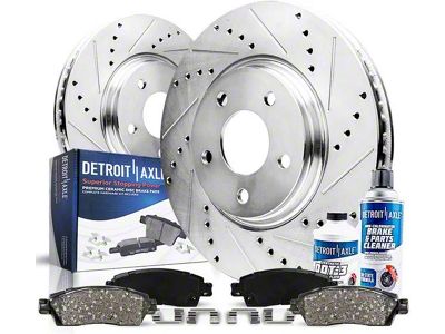 Drilled and Slotted Brake Rotor, Pad, Brake Fluid and Cleaner Kit; Front (07-18 Jeep Wrangler JK)
