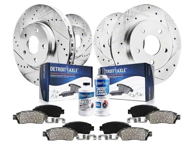 Drilled and Slotted Brake Rotor, Pad, Brake Fluid and Cleaner Kit; Front and Rear (03-06 Jeep Wrangler TJ w/ Rear Disc Brakes)