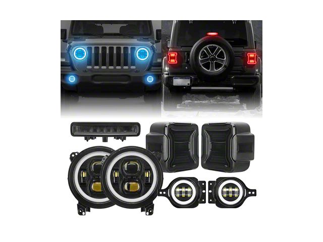 LED RGB Halo Headlights, RGB Fog Light, LED Third Brake and LED Tail Light Package (18-24 Jeep Wrangler JL w/ Factory Halogen Tail Lights)