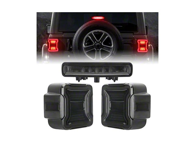LED Tail Lights with LED Third Brake Light; Black Housing; Smoked Lens (18-24 Jeep Wrangler JL w/ Factory Halogen Tail Lights)