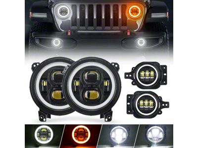 9-Inch LED Halo Headlights with DRL, Amber Turn Signals and LED Halo Fog Lights; Black Housing; Clear Lens (18-23 Jeep Wrangler JL)
