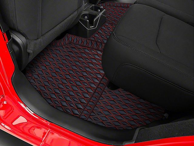 Single Layer Diamond Front and Rear Floor Mats; Black and Red Stitching (18-24 Jeep Wrangler JL 4-Door, Excluding 4xe)