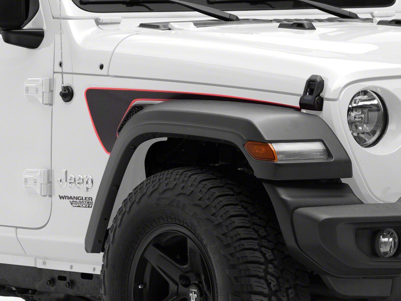 SEC10 Jeep Wrangler Long Side Accent Decal; Black/Red Carbon Fiber