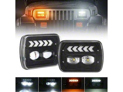 5x7-Inch LED Headlights with White DRL and Sequential Amber Arrow Turn Signals; Black Housing; Clear Lens (84-01 Jeep Cherokee XJ)