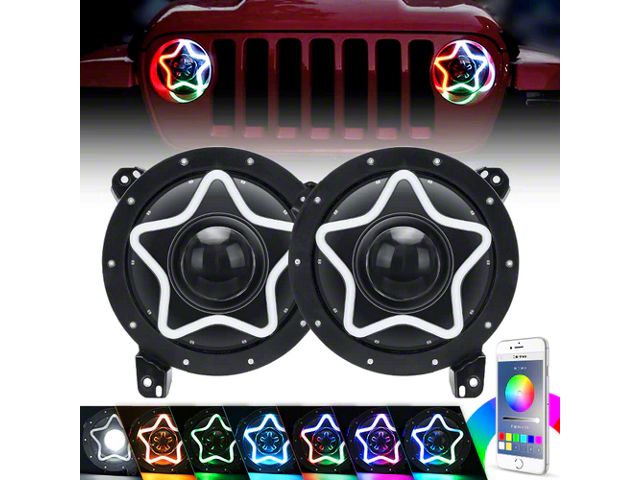 Star Style RGB LED Headlights with Amber Turn Signals; Black Housing; Clear Lens (20-24 Jeep Gladiator JT w/ Factory Halogen Headlights)