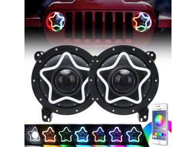 Star Style RGB LED Headlights with Amber Turn Signals; Black Housing; Clear Lens (18-23 Jeep Wrangler JL w/ Factory Halogen Headlights)