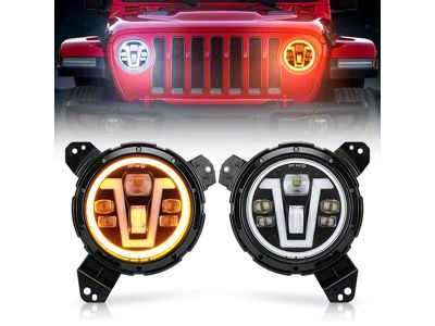 V Type LED Halo Headlights with White DRL and Amber Turn Signals; Black Housing; Clear Lens (18-23 Jeep Wrangler JL w/ Factory Halogen Headlights)