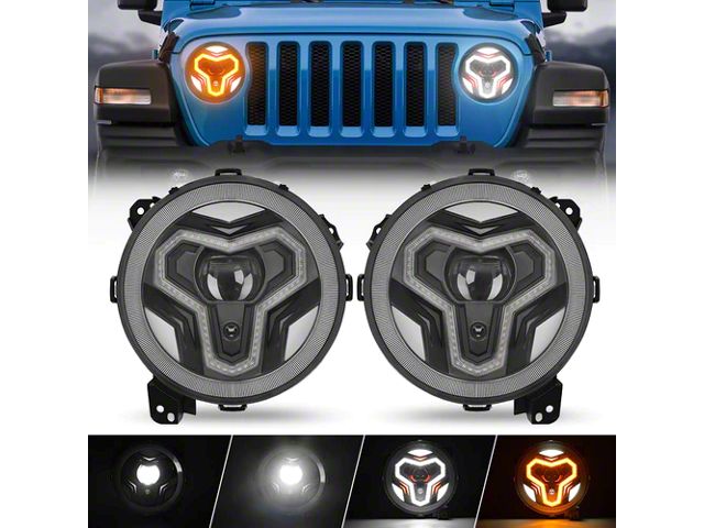 Warrior Style LED Headlights with Halo DRL and Turn Signals; Black Housing; Clear Lens (18-24 Jeep Wrangler JL w/ Factory Halogen Headlights)