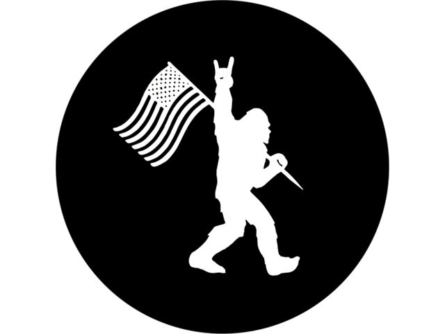 Rock-On Bigfoot with American Flag Spare Tire Cover with Camera Cutout; Black (18-24 Jeep Wrangler JL)