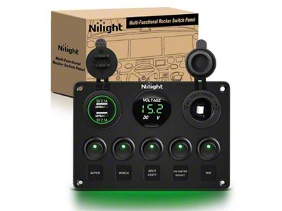 Nilight 5-Gang Multi-Function Rocker Switch Panel; Green LED (Universal; Some Adaptation May Be Required)