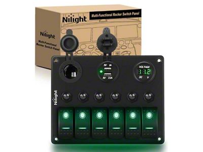 Nilight 6-Gang Toggle Rocker Switch Panel with Digital Voltmeter and Cigarette Socket Double USB Power Charger Adapter; Green LED (Universal; Some Adaptation May Be Required)