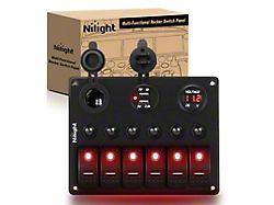 Nilight 6-Gang Toggle Rocker Switch Panel with Digital Voltmeter and Cigarette Socket Double USB Power Charger Adapter; Red LED (Universal; Some Adaptation May Be Required)