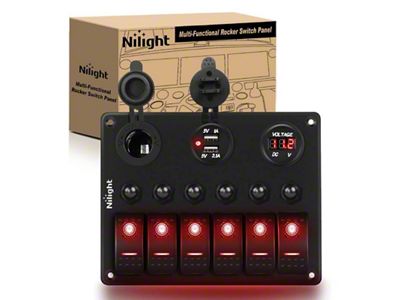 Nilight 6-Gang Toggle Rocker Switch Panel with Digital Voltmeter and Cigarette Socket Double USB Power Charger Adapter; Red LED (Universal; Some Adaptation May Be Required)