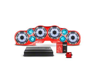 DS18 Complete RGB Loaded Sound Bar Package with Metal Grille Marine Speakers; Red Sound Bar with Black Speakers (20-24 Jeep Gladiator JT)