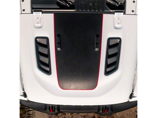Topographic Map Hood Graphic with Windshield Bumper Cutouts; Black with Red Outline (18-24 Jeep Wrangler JL Rubicon)